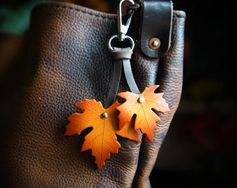Sugar Maple Leaf Leather Bag Charm Keychain / Fall Gift Ideas / Cute Key Accessories / Backpack Tote Purse Flair / Made In Canada