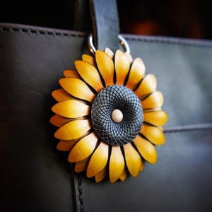 Sunflower Bag Charm or Keychain / Leather Tote Accessories / Cute Handmade Gardener Gift Ideas / Cottagecore Festival Purse Decoration image 5