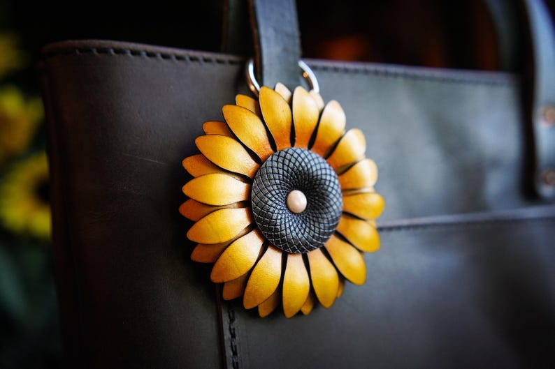 Sunflower Bag Charm or Keychain / Leather Tote Accessories / Cute Handmade Gardener Gift Ideas / Cottagecore Festival Purse Decoration image 5