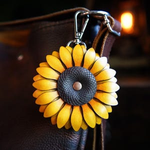 Sunflower Bag Charm or Keychain / Leather Tote Accessories / Cute Handmade Gardener Gift Ideas / Cottagecore Festival Purse Decoration image 1