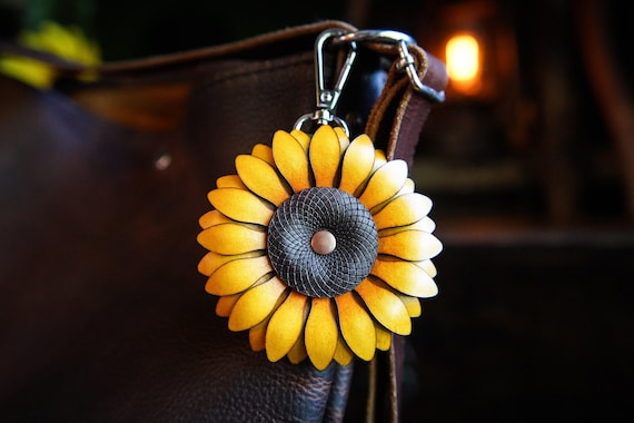 Sunflower Bag Charm or Keychain / Leather Tote Accessories / Cute Handmade Gardener Gift Ideas / Cottagecore Festival Purse Decoration