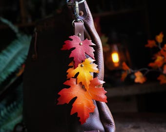 Sugar Maple 3 Leaf Leather Bag Charm - Strap / Fall Purse Flair / Cute Tote Accessories / Autumn Keychain / Made In Canada