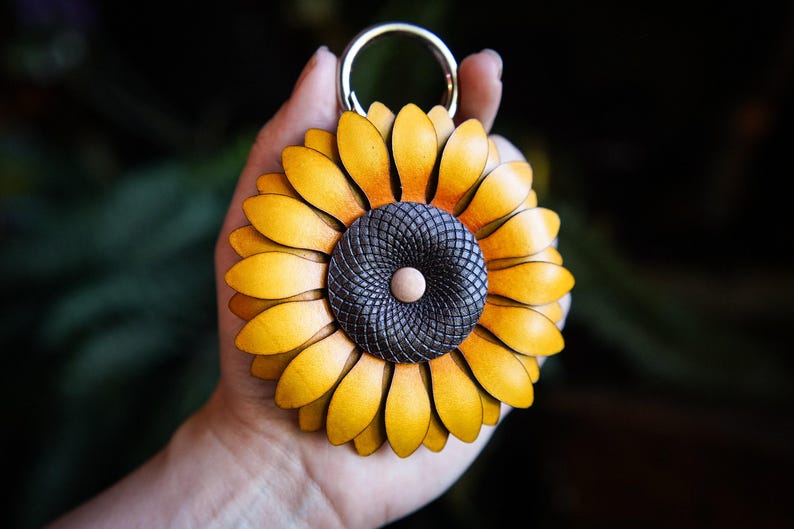Sunflower Bag Charm or Keychain / Leather Tote Accessories / Cute Handmade Gardener Gift Ideas / Cottagecore Festival Purse Decoration image 8