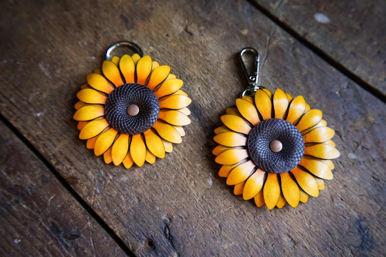 Sunflower Bag Charm or Keychain / Leather Tote Accessories / Cute Handmade Gardener Gift Ideas / Cottagecore Festival Purse Decoration image 4