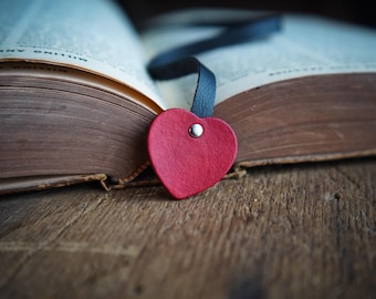Personalized Leather Heart Bookmark - Custom Engraved Recycled Leather / Handcrafted Book Accessories / Valentines Day Gift For Reader