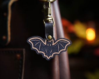 Mini Bat Leather Bag Charm / Spooky Purse Tote Flair / Halloween Keychain / Goth Key Accessories / Samhain Fall Gift / Made In Canada