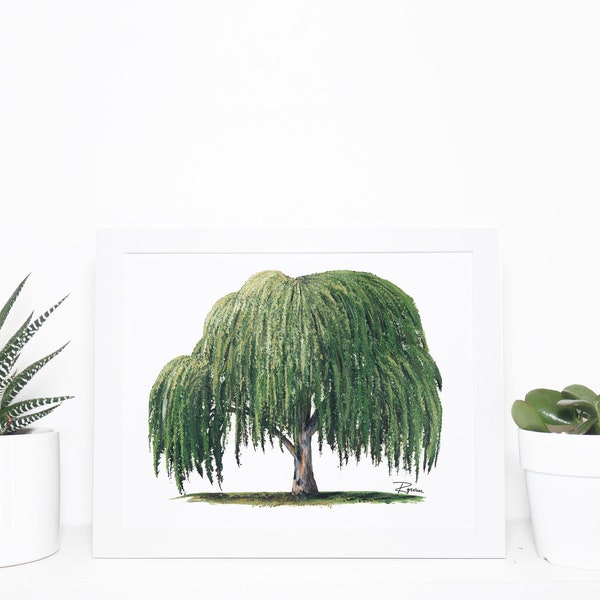 Hand Painted Weeping Willow Tree Print on Giclee with or without Custom Initials