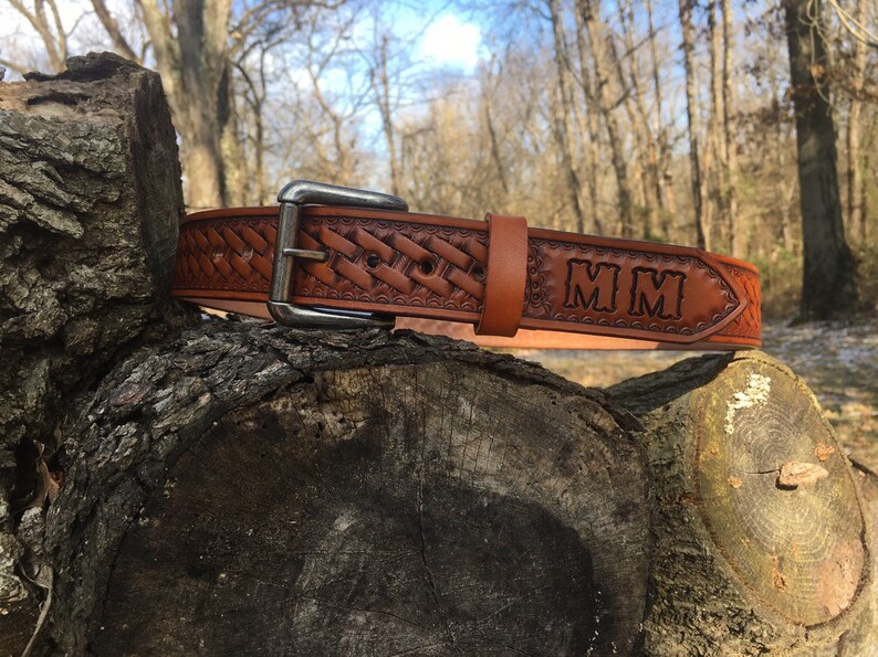 Personalized leather belt with initials tooled Etsy
