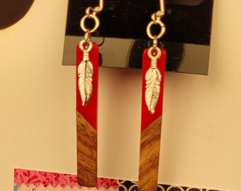 Red resin with wood accent in silver drop wire earring