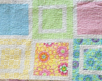 PERFECT Bright Vintage  27 x 18 1/2 quilted piece Cutter Quilt pieces. Repurpose Crafts Flowers Stripes PINK Green Yellow Orange.