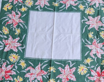Beautiful Tropical Green Pink Lily  Daisy Vintage 51 1/2 x 50 1/2 cotton tablecloth cottage mid century farmhouse Country