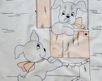 Vintage Large Child's EMBROIDERED tinted puppy dog bedcover curtain?  42x19