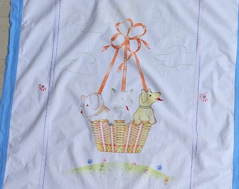 Vintage Large Child's EMBROIDERED tinted puppy dogs in hot air balloon bedcover curtain?  46x36