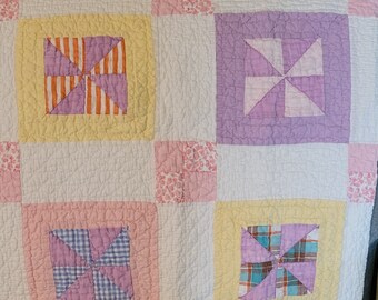 Large Vintage Pinwheel  Pink, Lavendar, Blue, and Orange  Quilted Cutter Piece Feedsack Repurpose Crafting 23×20 Farmhouse