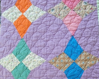 Purple,  Orange, Green , Blue Star Cheerful Vintage Quilt piece 17x17