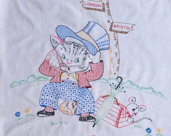 Vintage Large Child's EMBROIDERED CAT Mouse Bedsheet piece 27x 27