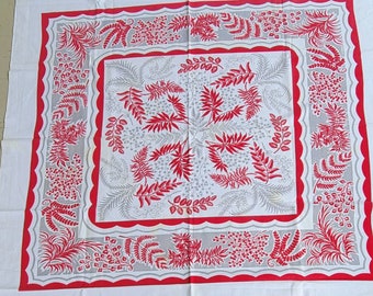 Beautiful Vintage Red Grey Fern tablecloth.  46x52.  Cotton