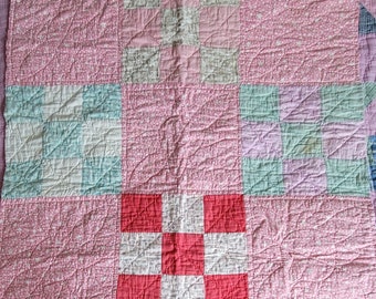 Large Vintage 9 patch Pretty in Pink Stars, green, brown and Red Quilted Cutte Piece Feedsack Repurpose Crafting 27×26 Farmhouse Nursery