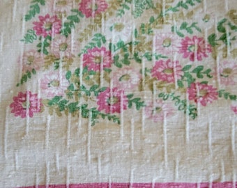 Large Vintage Pink Beige Floral Rectangle 39x52 cotton tablecloth cottage mid century farmhouse Country