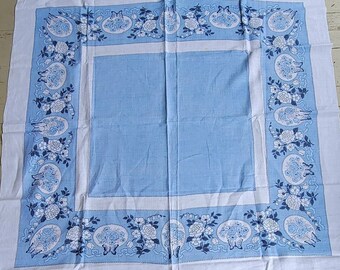 Gorgeous Medium blue floral butterfly tablecloth 50x 48 linen cottage mid century farmhouse Country