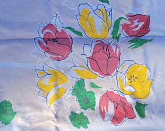 Vintage Spring Colorful Tulip  52x 42 1/2 cotton tablecloth cottage mid century farmhouse