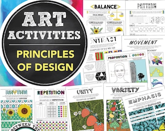 May include: Ten printable art activities for elementary and middle school students. Each worksheet focuses on a different principle of design, such as balance, contrast, rhythm, repetition, unity, variety, emphasis, proportion, pattern, and movement. The worksheets include examples and instructions for students to follow.