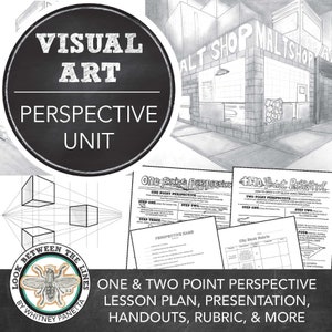 May include: Black and white printable lesson plan, presentation, handouts, rubric, and more for teaching one and two point perspective in visual art. The lesson plan includes a drawing of a storefront with the text "ALT SHOP MALTSHOP" above the entrance.