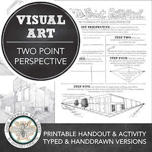 May include: Black and white illustration of a city block drawn in two-point perspective. The illustration includes a street, buildings, trees, and a sidewalk. The text "Look Between the Lines" is written in a circle with a bee illustration. The text "10 Point Perspective" is written in a circle with a black background. The text "Two Point Perspective" is written in a circle with a black background. The text "Visual Art" is written in a circle with a black background. The text "Printable Handout & Activity Typed & Handdrawn Versions" is written in a rectangle with a black background.