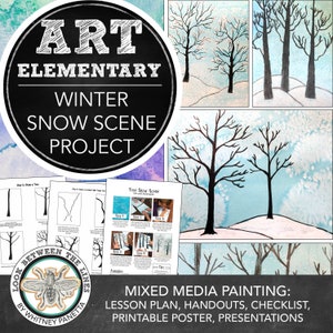 May include: A printable winter snow scene art project for elementary students. The project includes a lesson plan, handouts, checklist, printable poster, and presentations. The image shows a mixed media painting of a snowy forest scene with trees and a blue sky.