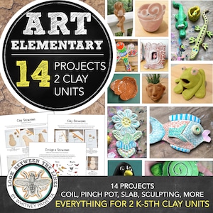 May include: A black and white image with a chalkboard background. The image features a large circle with the text "Art Elementary 14 Projects 2 Clay Units". The image also features a variety of clay projects, including a snowman, a fish, a flower, and a frog. The text "Look Between The Lines by Whitney Panetta" is also visible in the image. The text "14 Projects Coil, Pinch Pot, Slab, Sculpting, More Everything for 2 K-5th Clay Units" is also visible in the image.