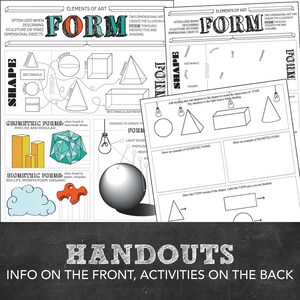 May include: Black and white printable handout with the words "Elements of Art" and "Form" in large, colorful letters. The handout includes a variety of geometric shapes, including circles, squares, rectangles, triangles, cones, cubes, spheres, and pyramids. The handout also includes a section on "Geometric Forms" and "Biometric Forms".
