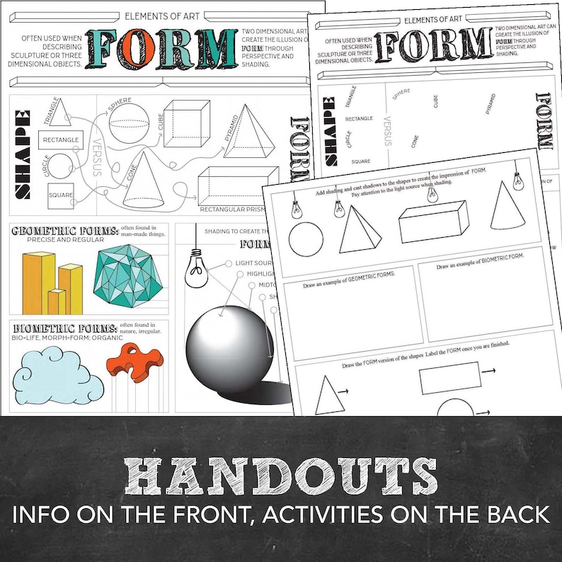 May include: Black and white printable handout with the words "Elements of Art" and "Form" in large, colorful letters. The handout includes a variety of geometric shapes, including circles, squares, rectangles, triangles, cones, cubes, spheres, and pyramids. The handout also includes a section on "Geometric Forms" and "Biometric Forms".