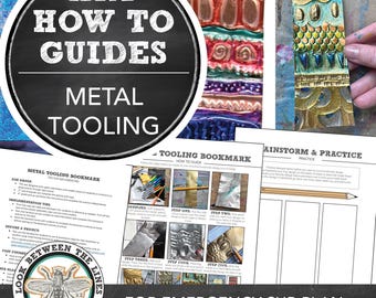 Puede incluir: Un conjunto de guías de arte imprimibles para el trabajo del metal. Las guías incluyen instrucciones para crear un marcapáginas, hacer una lluvia de ideas y practicar diseños, y una guía paso a paso para crear un marcapáginas de metal. Las guías se titulan "Art How To Guides: Metal Tooling" y "Look Between The Lines by Whitney Panetta".