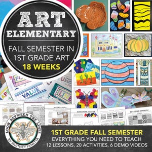 May include: A collection of art projects and teaching resources for 1st grade art. The image features a circular chalkboard sign with the text "ART ELEMENTARY FALL SEMESTER IN 1ST GRADE ART 18 WEEKS". Student artwork is also displayed.