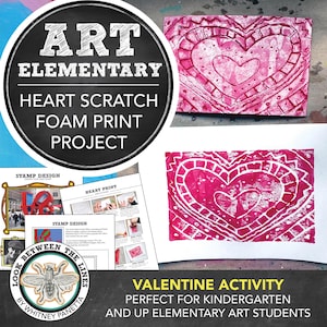 Projet d'art pour l'école primaire, l'art pour le collège, la Saint-Valentin : leçon d'art pour cartes de Saint-Valentin, impression en mousse à gratter coeur