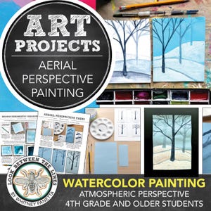 May include: A watercolor painting lesson plan for students in Year 5 and above. The lesson plan includes instructions for creating a winter scene with trees using atmospheric perspective. The lesson plan includes a black and white illustration of a tree with branches and a blue and white watercolor painting of a winter scene with trees.