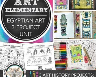 Puede incluir: Un conjunto de proyectos de arte egipcio para estudiantes de primaria. La imagen incluye un círculo estilo pizarra con el texto "ART ELEMENTARY EGYPTIAN ART 3 PROJECT UNIT". Se muestran varios dibujos y hojas de trabajo, junto con lápices de colores.
