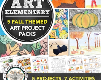 Puede incluir: Un conjunto de cinco paquetes de proyectos de arte con temática de otoño para estudiantes de primaria. La imagen muestra una variedad de proyectos, que incluyen un huerto de calabazas, un espantapájaros y un paisaje de otoño. El texto en la imagen dice "Art Elementary 5 Fall Themed Art Project Packs Look Between The Lines By Whitney Panetta 5 Projects, 7 Activities Elementary Art Projects".