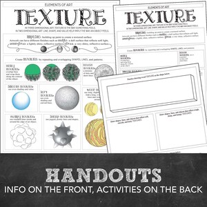May include: Black and white printable handout with the title "Texture" and illustrations of different textures. The handout explains the concept of texture in art and provides examples of smooth, rough, bumpy, and sharp textures.