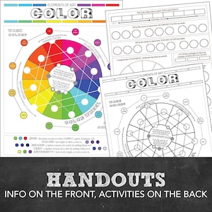 May include: Color wheel handout with a color wheel diagram and activities on the back. The front side of the handout includes a color wheel with primary, secondary, and tertiary colors. The back side of the handout includes activities for learning about color.