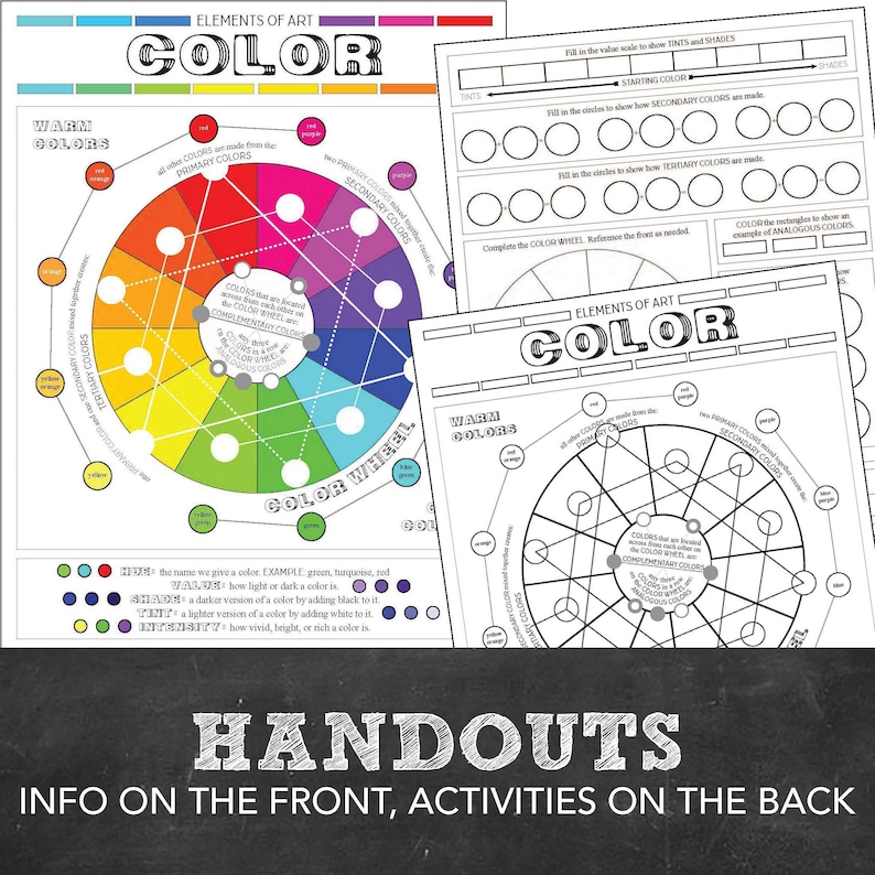 May include: Color wheel handout with a color wheel diagram and activities on the back. The front side of the handout includes a color wheel with primary, secondary, and tertiary colors. The back side of the handout includes activities for learning about color.