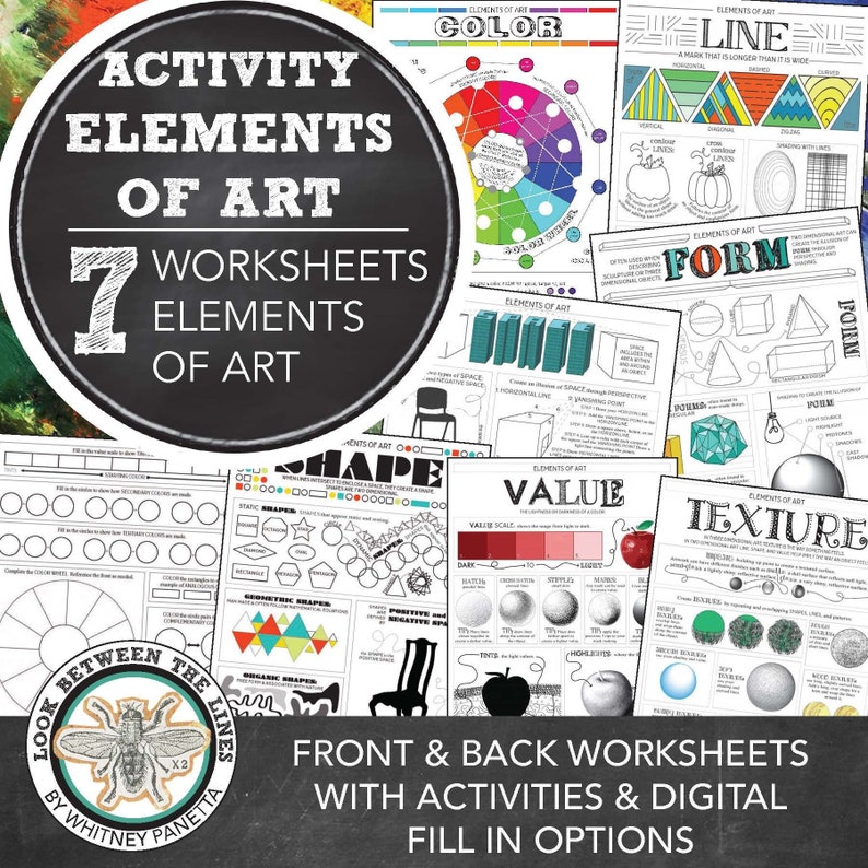 May include: Seven black and white worksheets for teaching the elements of art. The worksheets include activities for color, line, form, shape, value, texture, and space. The worksheets are titled "Activity Elements of Art" and "Look Between the Lines".