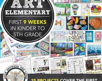 Puede incluir: Un collage de imágenes que muestran 25 proyectos de arte para estudiantes de primaria. Los proyectos cubren las primeras nueve semanas del año escolar. El texto "ART ELEMENTARY" está en una fuente grande sobre un fondo de pizarra negra. El texto "FIRST 9 WEEKS IN KINDER TO 5TH GRADE" también está en el fondo de la pizarra. El texto "25 PROJECTS COVER THE FIRST NINE WEEKS OF ELEMENTARY ART" está en la parte inferior del collage.