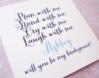 5 Personalized Will You Be My Bridesmaid Cards "Plan, Stand, Cry, Laugh" Swirl Script