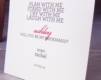 5 Will You Be My Bridesmaid Cards Personalized "Plan, Stand, Cry, Laugh" Modern Type