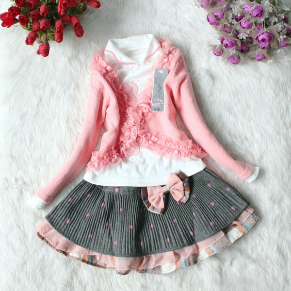 4,5,6t girl dress baby clothes 3pcs baby girl's summer fall spring dress girl toddler clothes pink skirt