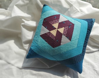 Blue/Teal and Purple 12-inch Throw Pillow with Hexagon Pattern