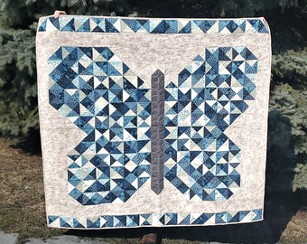 Cozy Blues & Creams Butterfly Quilt / Large Throw Size 68in X 64in / Flutterfly Pattern / Patchwork Blanket / Spring Decor