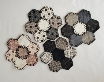 Set of 4 White, Black, Gray, and Cream Honeycomb Coasters, 5 inches