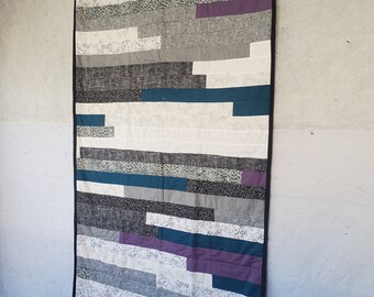 Versatile Throw Quilt for Travel or Wheelchair | 36x60 Jelly Roll Race Design | Purple, Black, Teal, and White | Handmade Blanket